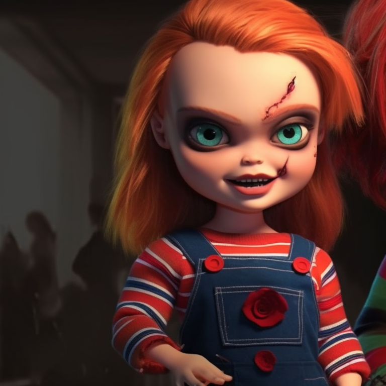 Chucky and Tiffany under a chilling moonlit sky, holding knives, set against an ominously dark background. chucky and tiffany pfp ideas pfp for discord.