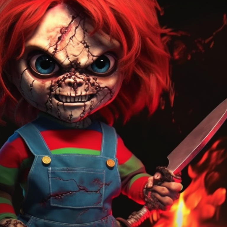 Chucky and Tiffany under a chilling moonlit sky, holding knives, set against an ominously dark background. chucky and tiffany pfp ideas pfp for discord.
