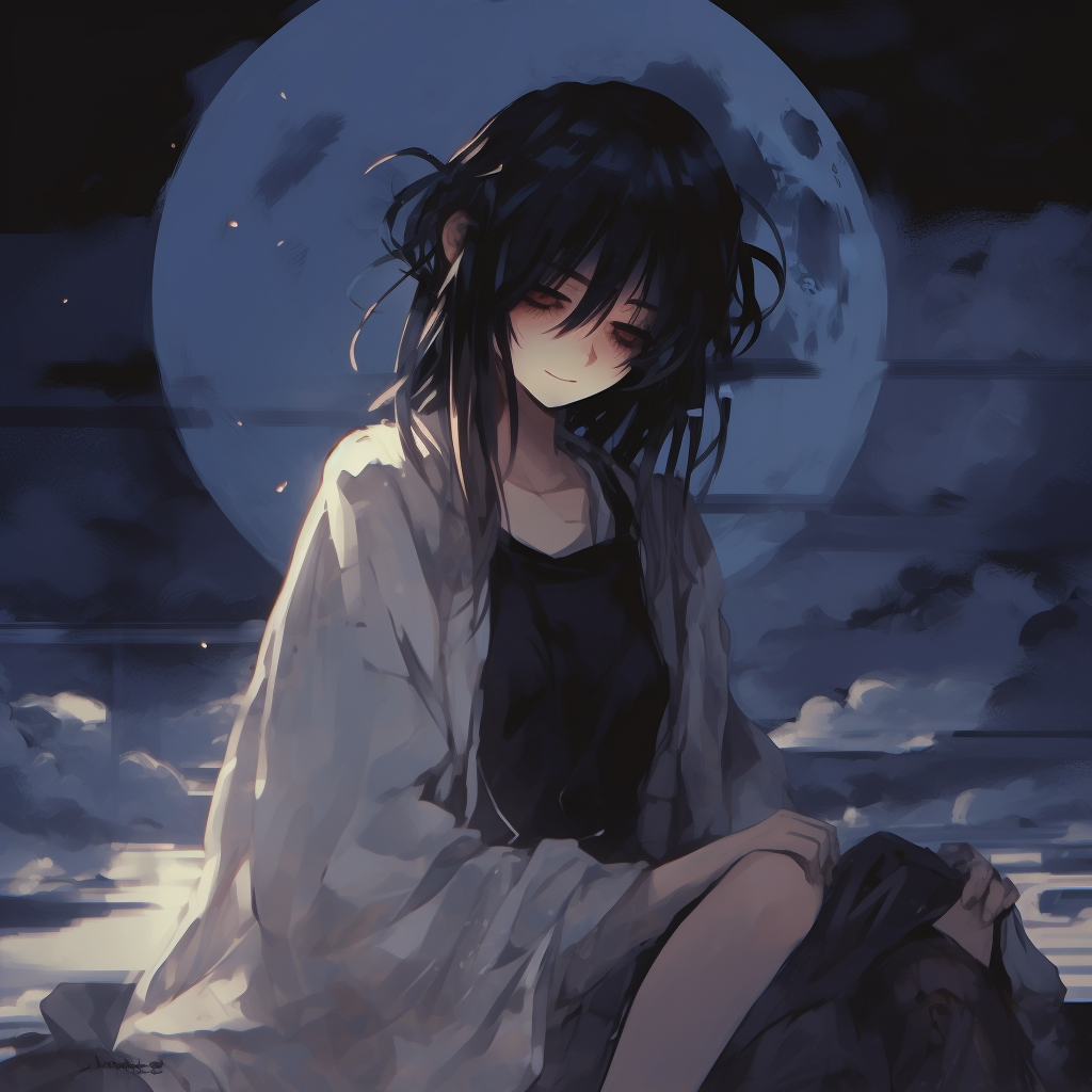 Female anime character sitting serenely under moonlight, palette of cool blues and whites. aesthetic depressed pfp images