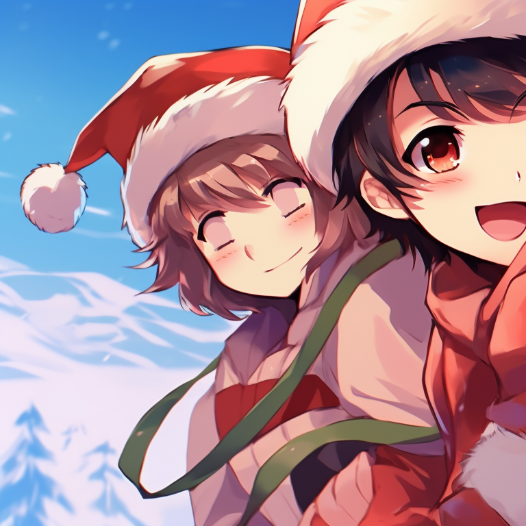 Two characters riding a sleigh, winter scenery in the background, the characters are bundled up in thick, comfy clothes. creative matching christmas discord pfp pfp for discord.