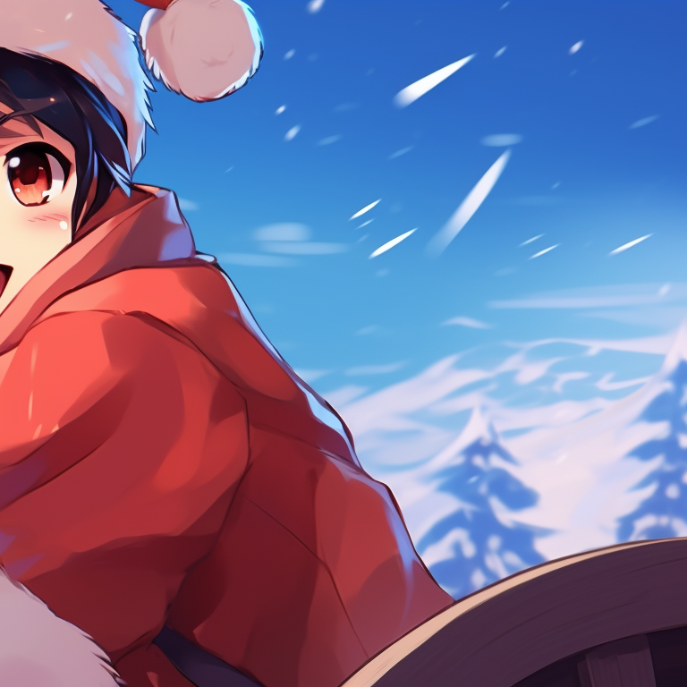 Two characters riding a sleigh, winter scenery in the background, the characters are bundled up in thick, comfy clothes. creative matching christmas discord pfp pfp for discord.