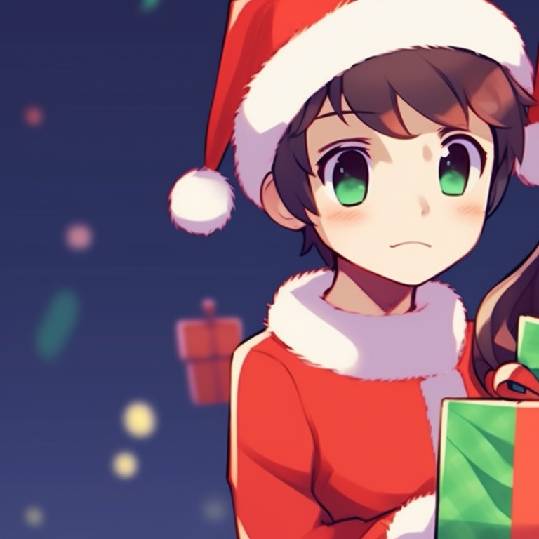 Two characters stringing Christmas lights together, pixel art style with high contrast and vivid hues. matching christmas pfp background for pixel art pfp for discord.