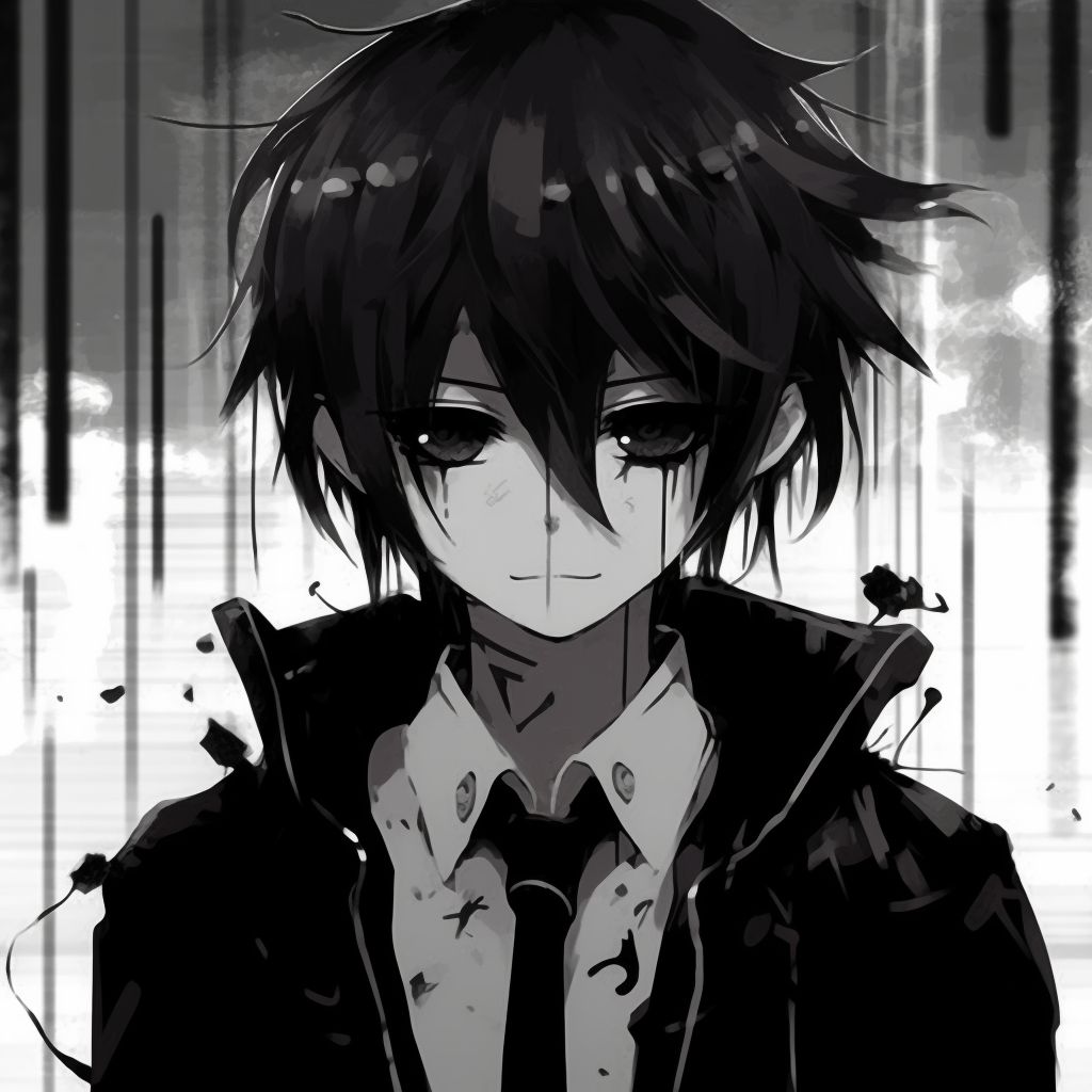 Pensive anime character in monochrome, highlighting the reclusive facial expression and sharp outlining. black and white emo anime pfp