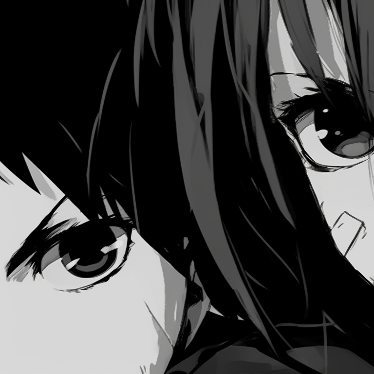Two characters in an intense stare-down, bold dark outlines and contrasting white details. black and white matching pfp aesthetic pfp for discord.