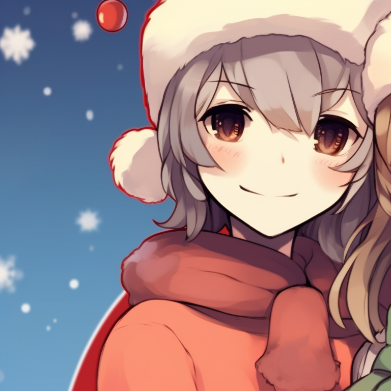 Two characters in layered winter clothing, pastel colors and fluid lines, holding a Christmas ornament together. seasonal matching pfp christmas pfp for discord.