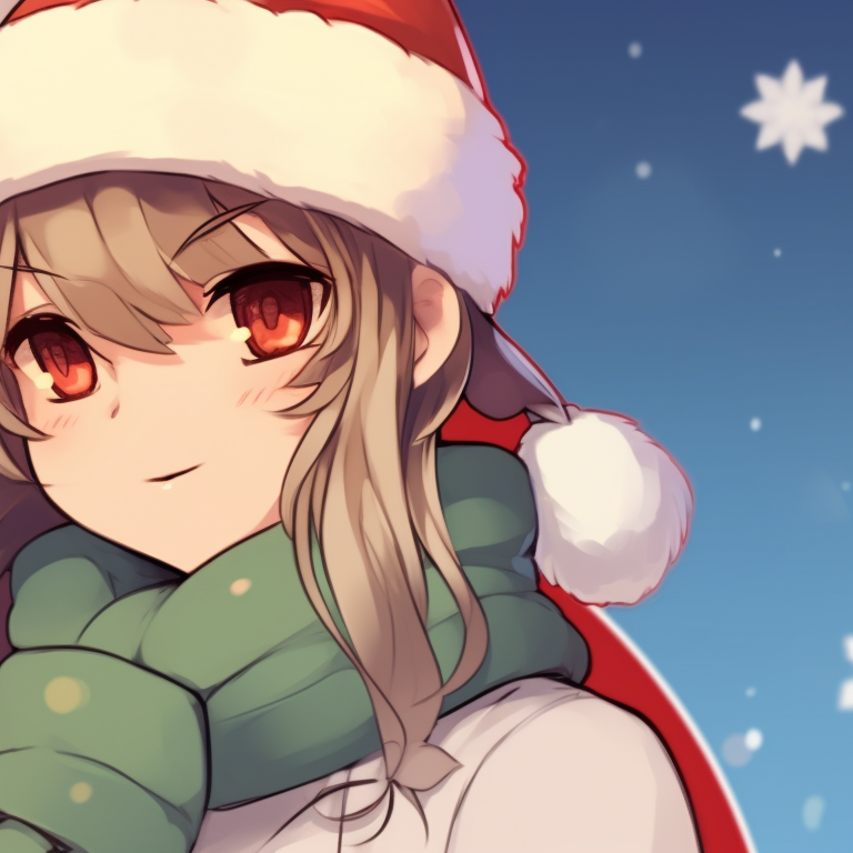 Two characters in layered winter clothing, pastel colors and fluid lines, holding a Christmas ornament together. seasonal matching pfp christmas pfp for discord.