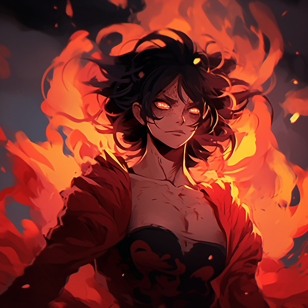 A fire spirit character with flames as hair and luminous eyes, shaded in vibrant red and orange hues. general fire pfp