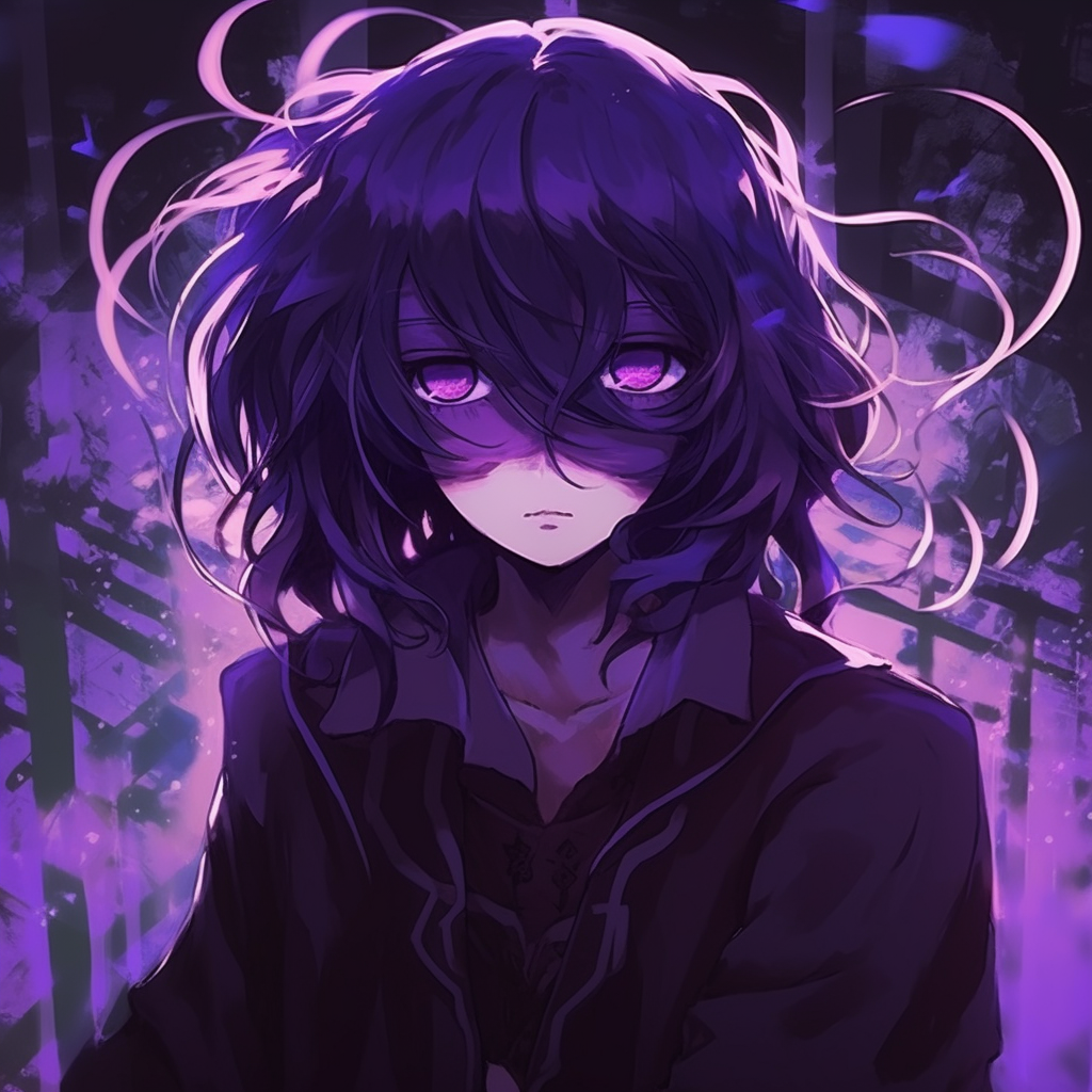 An image focusing on Kokichi Ouma's piercing purple eyes, with beautiful gradients applied animated purple characters pfp pfp for discord.