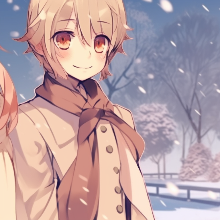 Two characters in winter attire, walking through a snowy landscape, pale and muted colors predominate in the image. vintage matching discord pfp christmas pfp for discord.