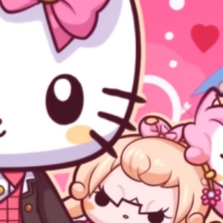 Hello Kitty characters in Wonderland-themed outfits, vivid colors. hello kitty matching pfp designs pfp for discord.