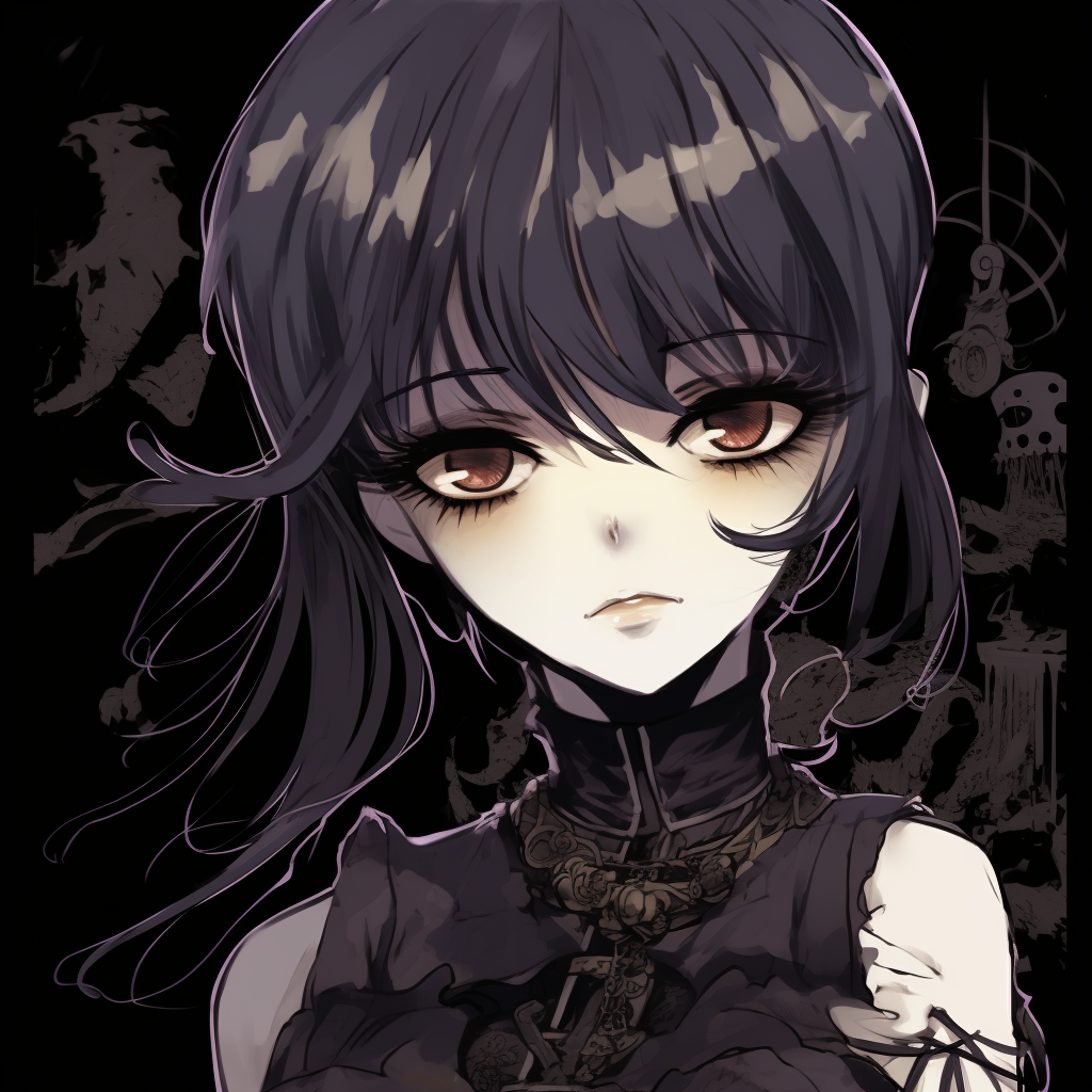 Goth anime girl brooding in solitude, with intricate details in clothes, accessories, and makeup. pfp concepts: goth anime pfp for discord.