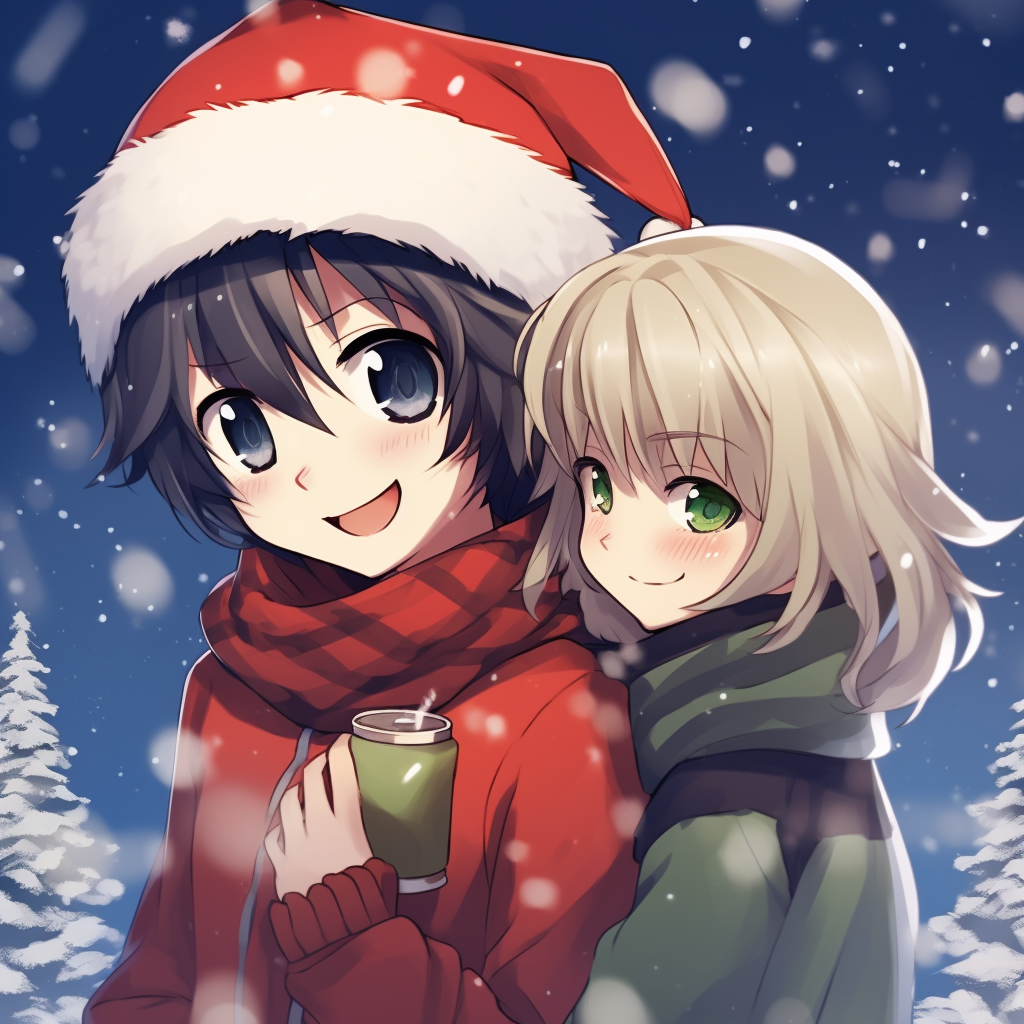 Anime style profile picture featuring a boy and a girl interacting, with Christmas themed clothing and background. anime christmas pfp boy girl interaction