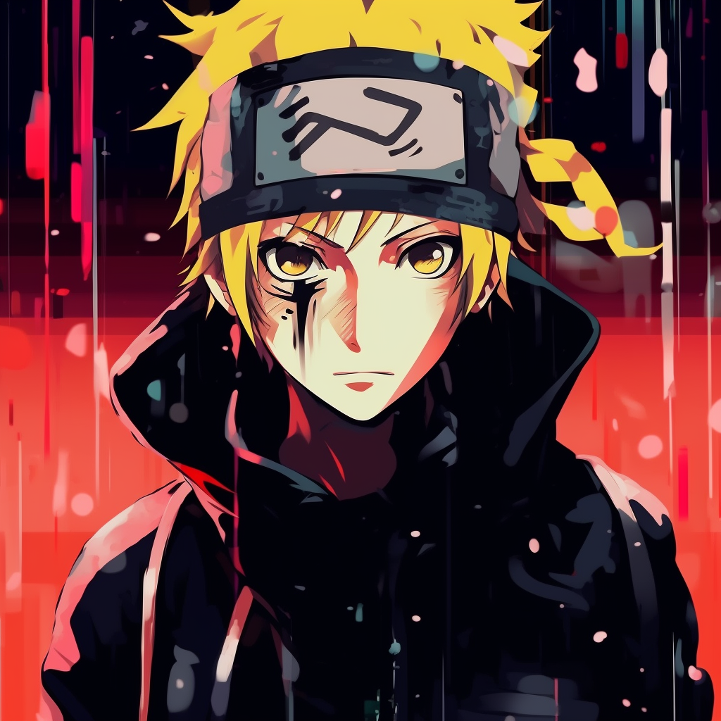 Detailed rendering of Naruto's eye in drip style, showcasing a harmonious blend of radiant colors. aesthetic drippy anime pfp pfp for discord.