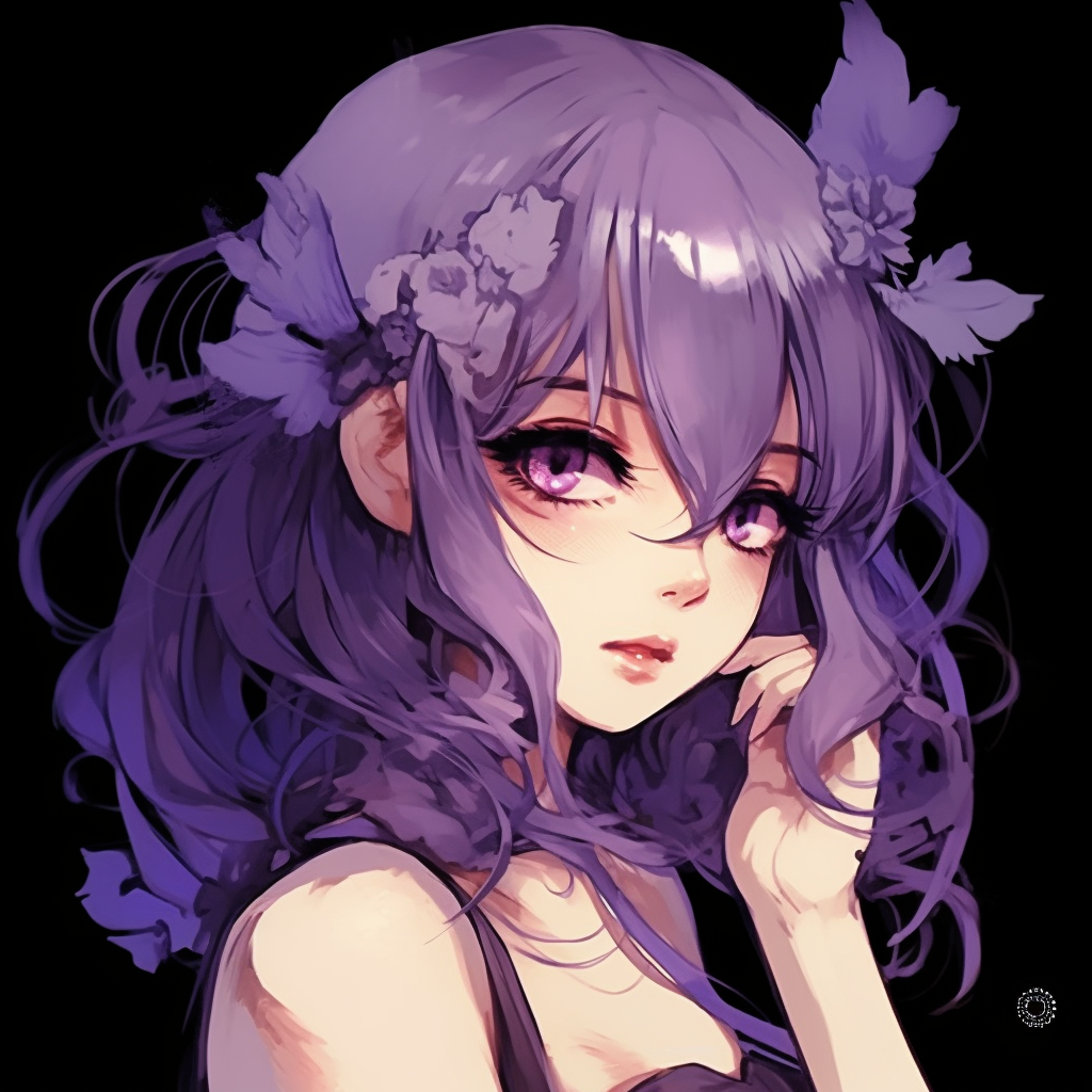 Showcasing a soft-spoken anime character in a peaceful slumber, her pastel purple hair cascades beautifully. The emphasis is on the serene expression and the detailed hair strands. anime purple pfp masterpieces pfp for discord.