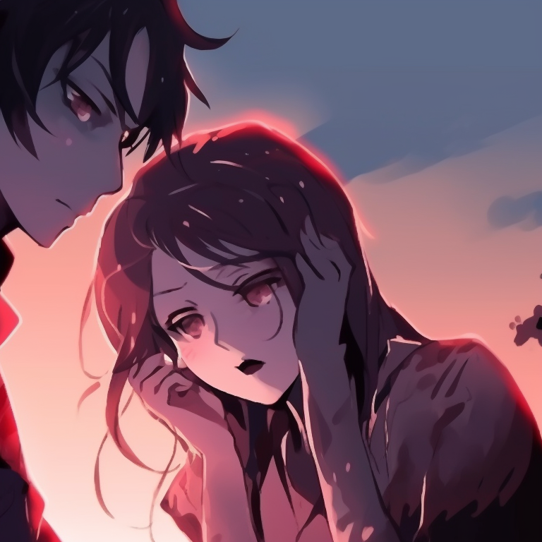 Two characters sitting under a full moon, heavy shadows and cool color palette. pinterest ideas for matching couples pfp halloween theme pfp for discord.