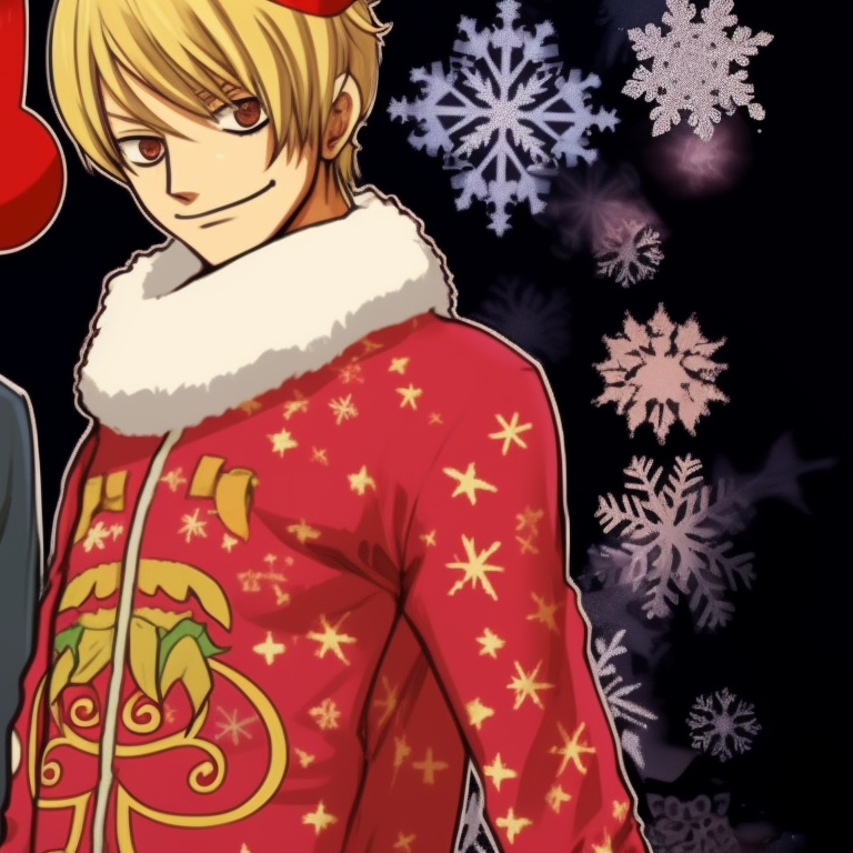 Two Sanji characters in matching Christmas outfits, intricate embroidery and festive colors. matching sanji christmas pfp one piece variations pfp for discord.