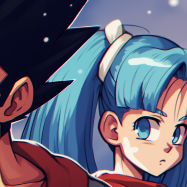 Bulma and Vegeta with a Christmas background, soft shading and bright colors. christmas dragonball lovers bulma and vegeta matching pfp pfp for discord.
