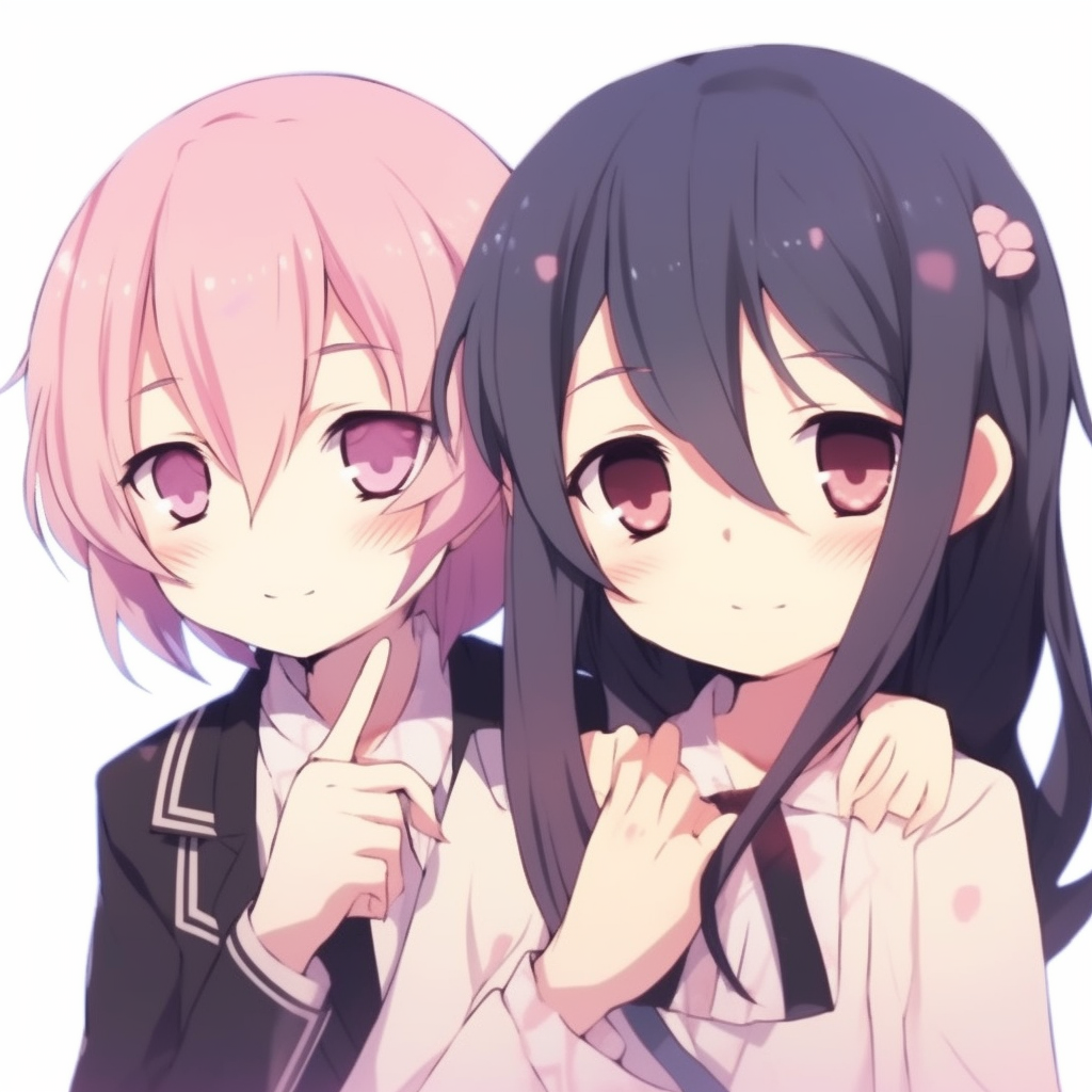 Homura and Madoka sharing a secret, detailed linework and light colors. ideal matching anime pfp for best friends - female