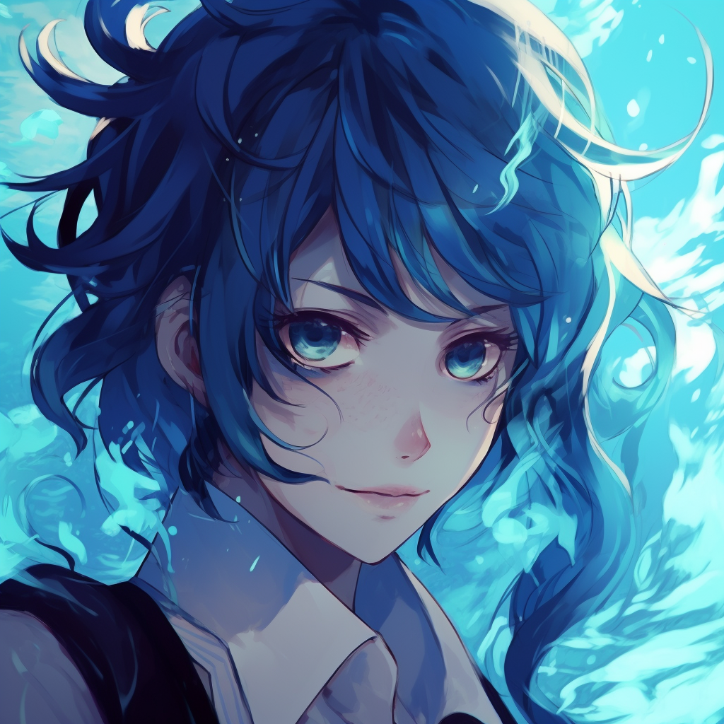 Picture of an anime girl with ocean blue hair, art style leans towards soft shading and a fluid design. blue anime pfp for characters