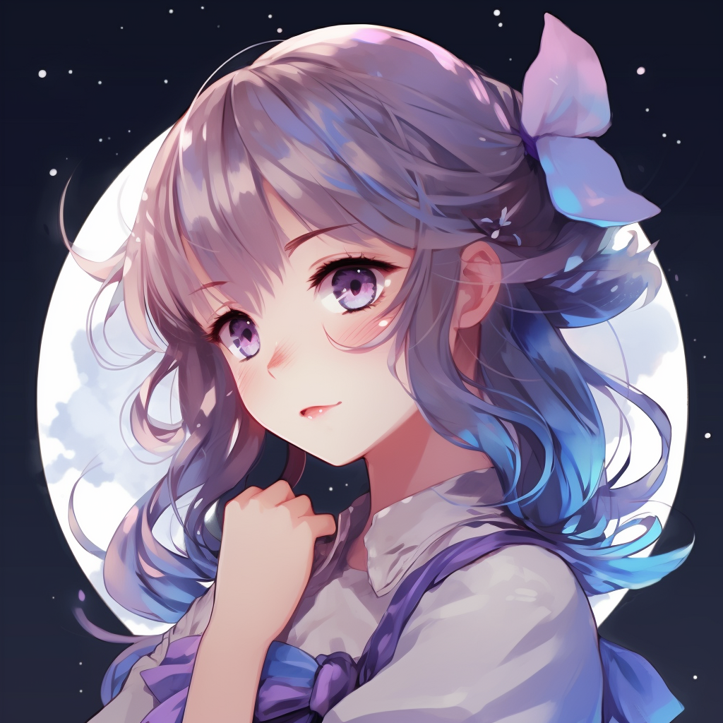 An anime girl basking in the moonlight, hues of blues and purples with detailed moon accents. charming girl anime pfp pfp for discord.
