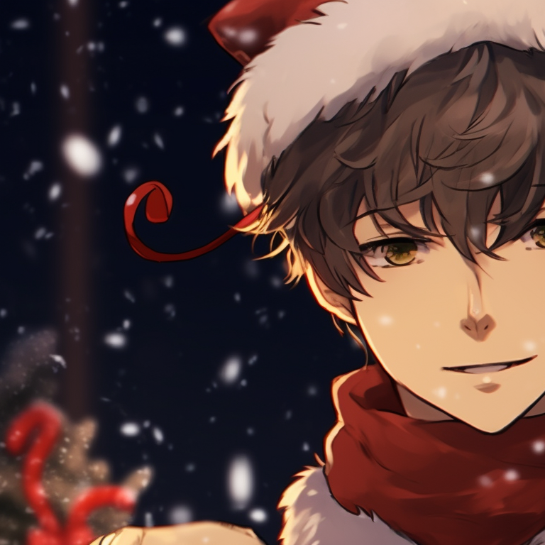 Two characters in a caroling setting, emphasized with bold lines and holiday colors. romantic matching pfp christmas pfp for discord.
