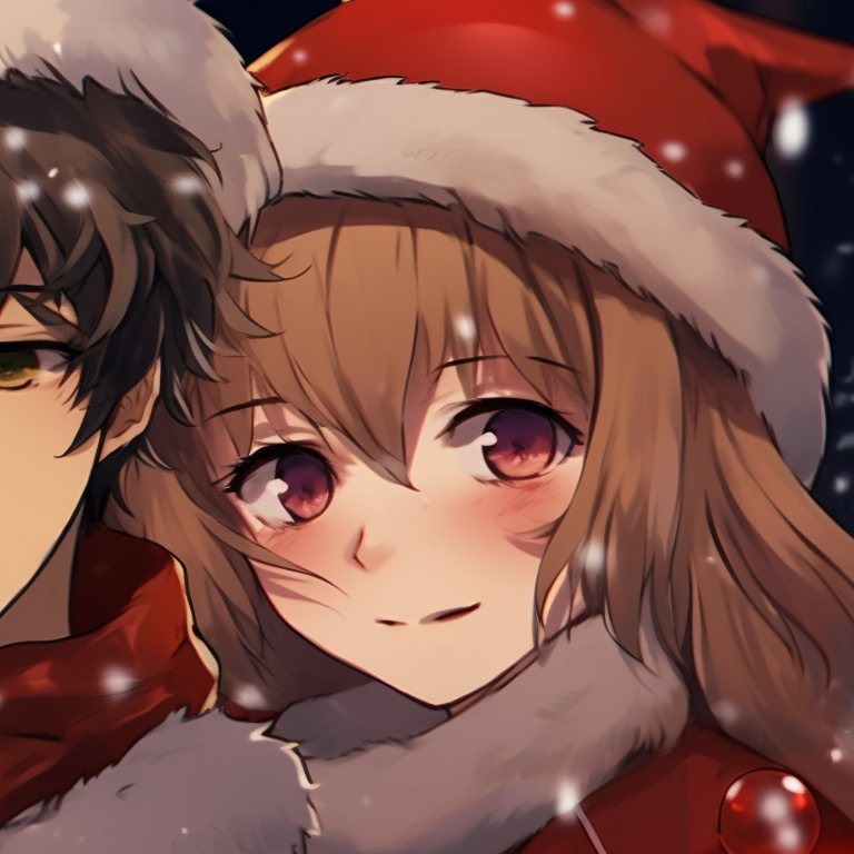 Two characters in a caroling setting, emphasized with bold lines and holiday colors. romantic matching pfp christmas pfp for discord.