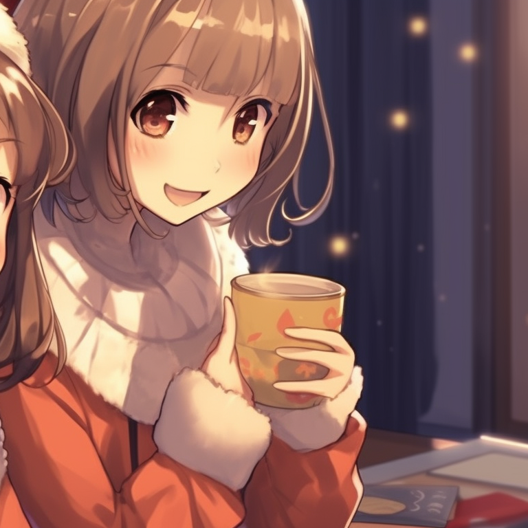 Two characters exchanging gifts, vivid colors and intricate wrapping designs. unique matching anime girl christmas pfp designs pfp for discord.