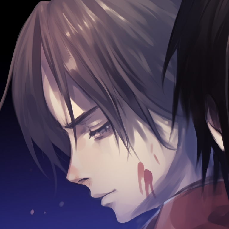 Eren and Mikasa amid pumpkin patch, earthy tones and traditional art style. eren and mikasa matching pfp with a spooky twist pfp for discord.