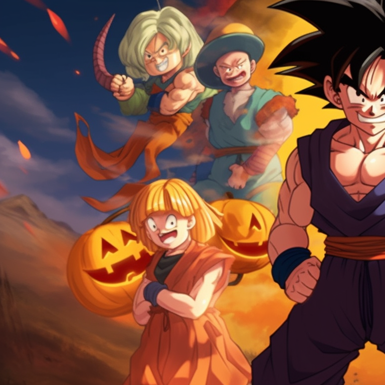 Characters in pumpkin-headed gear, ready for action, bold lines and earthy tones. cool dragon ball halloween themed pfp pfp for discord.
