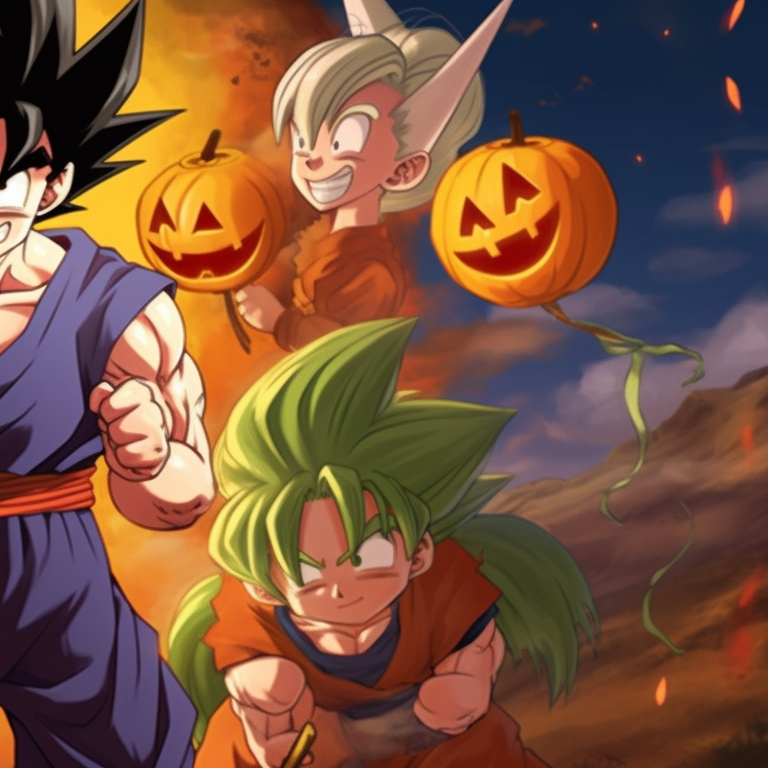 Characters in pumpkin-headed gear, ready for action, bold lines and earthy tones. cool dragon ball halloween themed pfp pfp for discord.