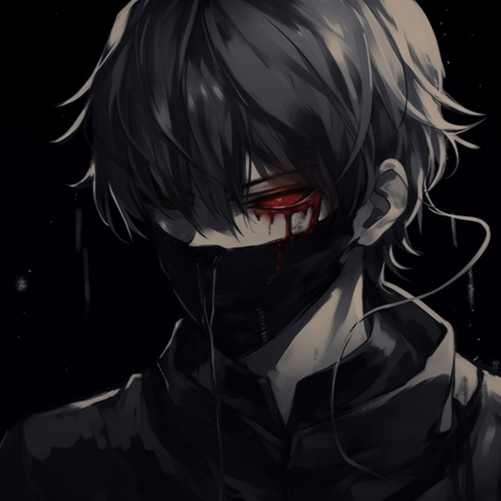 A glimpse of Kaneki with his eye patch and intense expression, highlighting the fine linework and shadow details. dark anime pfp gifsHD, free download