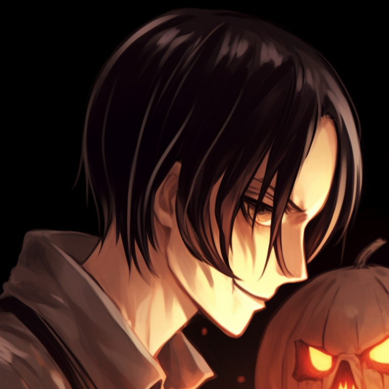 Eren and Mikasa with grinning jack-o'-lanterns, bright colors and stark outlines. halloween themed eren and mikasa matching pfp pfp for discord.
