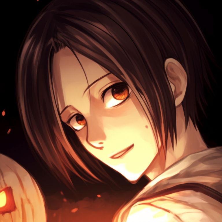 Eren and Mikasa with grinning jack-o'-lanterns, bright colors and stark outlines. halloween themed eren and mikasa matching pfp pfp for discord.