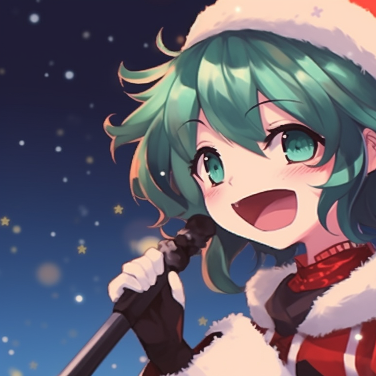 Two characters singing Christmas carols, with merry shades of red and green echoing the holiday ambiance. vibrant matching christmas discord pfp pfp for discord.