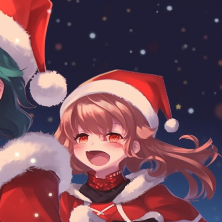 Two characters singing Christmas carols, with merry shades of red and green echoing the holiday ambiance. vibrant matching christmas discord pfp pfp for discord.