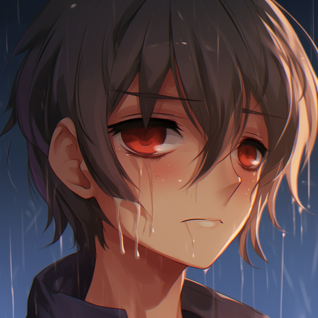 An anime character profile picture in rain, manifesting the gloomy atmosphere through the detailed rainfall and subdued colors. animated depressed anime pfp icons