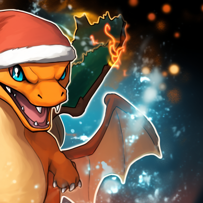 Two Charizard characters, Christmas hats, fiery glow, and snowflakes. charizard themed christmas apparel pfp for discord.