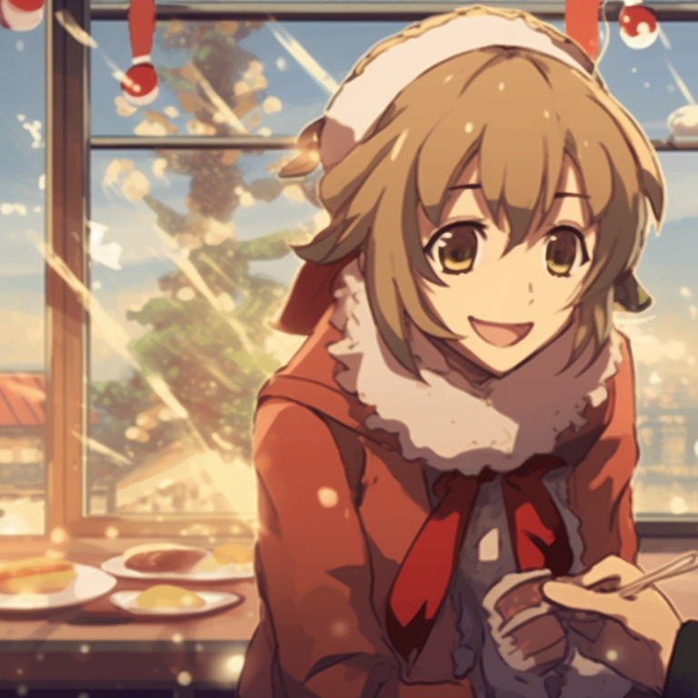 Two characters laughing together, vibrant colors and snowy backdrop, in matching Christmas sweaters. whimsical matching gif christmas pfp pfp for discord.