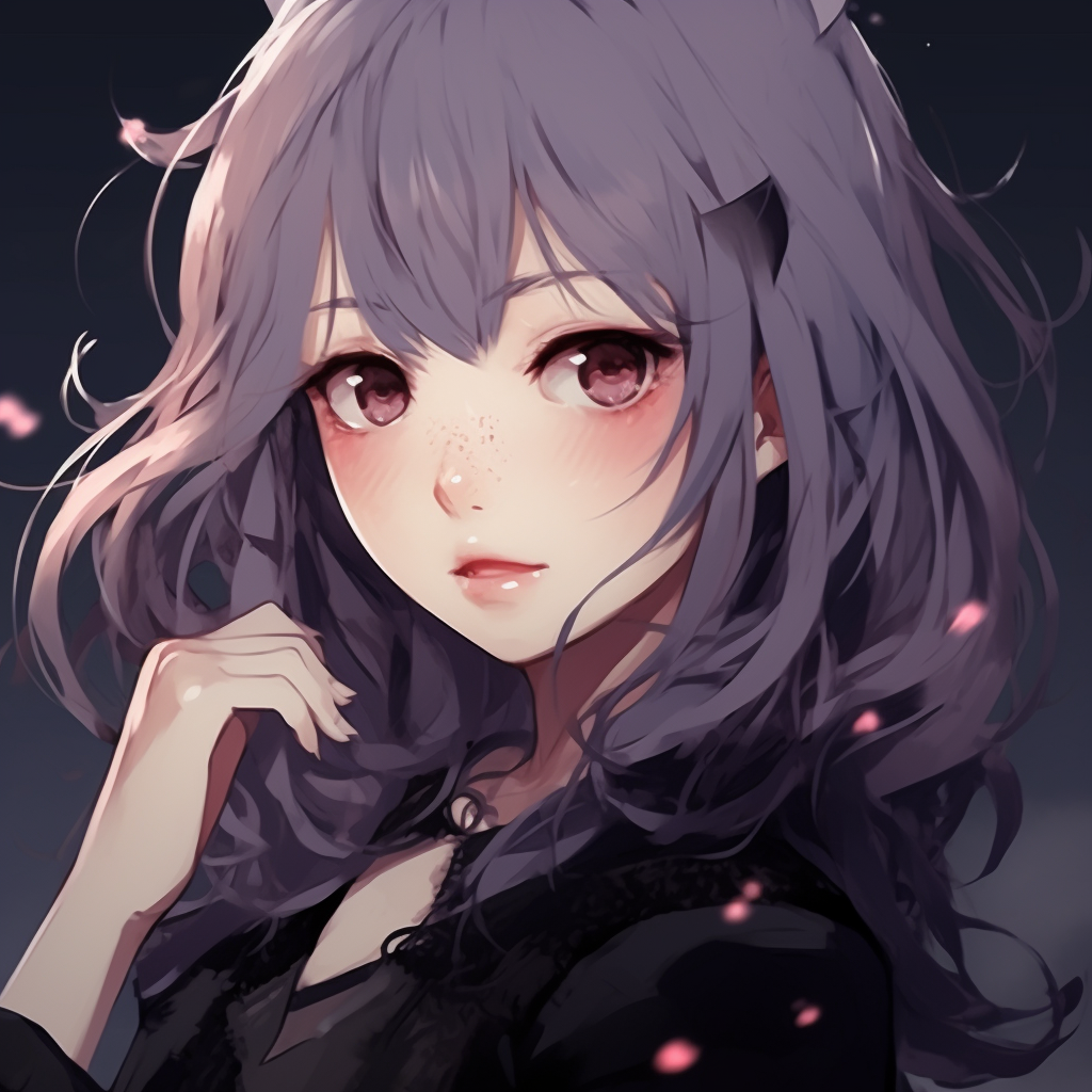Gothic Anime Egirl with dark hair colors and piercing gaze. cute anime egirl pfp pfp for discord.
