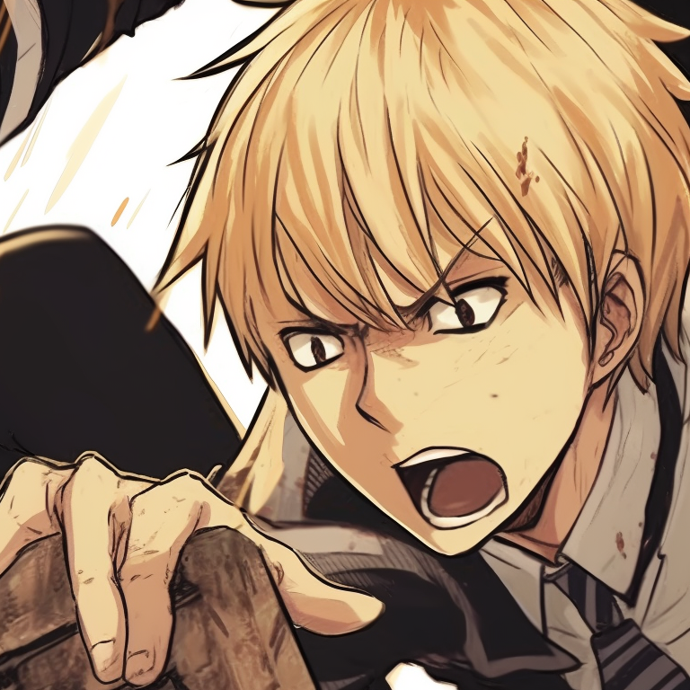 Two characters, Kobeni and Denji, silhouettes high above the city, vibrant sunset colors portraying a light mood. chainsaw man matching pfp tips pfp for discord.