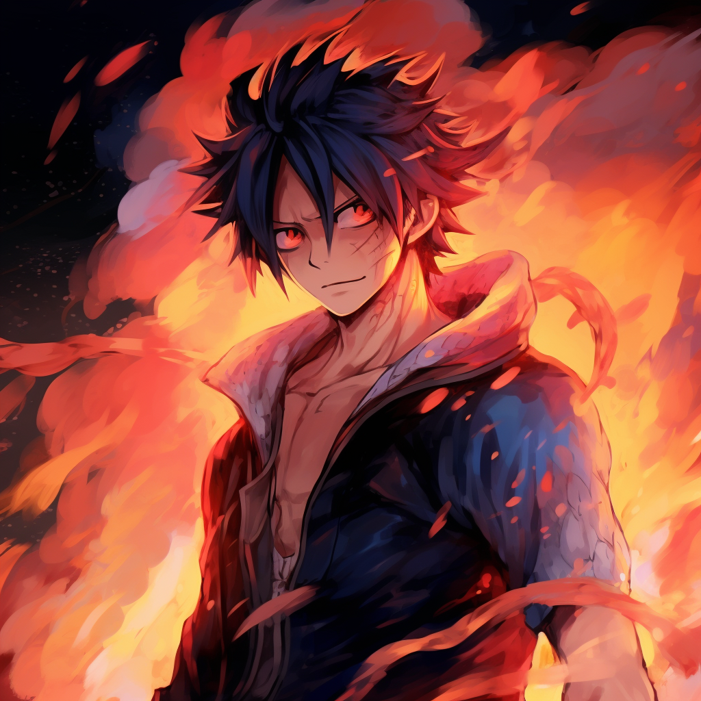 Natsu Dragneel from Fairy Tail showcasing his fire dragon slayer magic, vibrant colors and dynamic lines. anime characters with fire powers