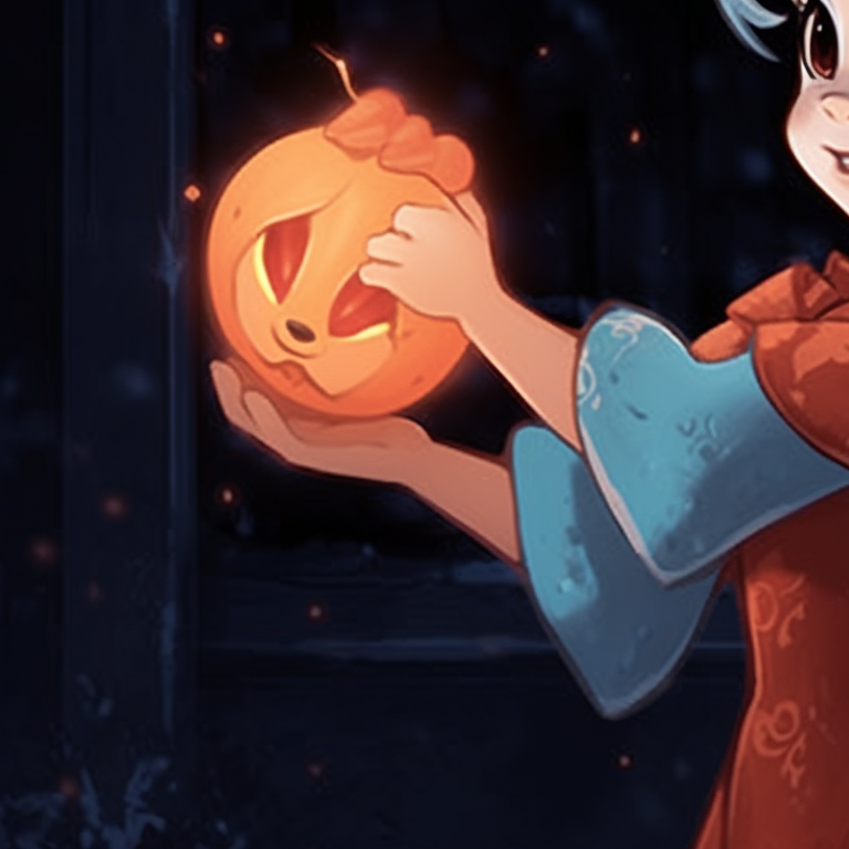 Cinderella character, warm colors and detailed rendering, wearing a witch costume surrounded by enchanting pumpkins. disney halloween matching pfp - for girls pfp for discord.