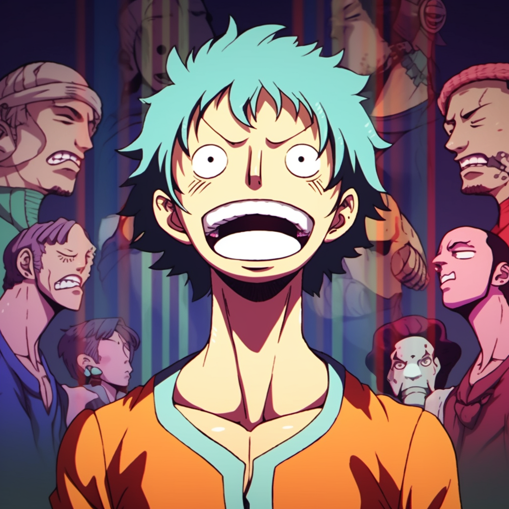 Luffy eating meat in a comedic manner, emphasizing on amusing expressions and dynamic lines. funny anime pfp collection pfp for discord.