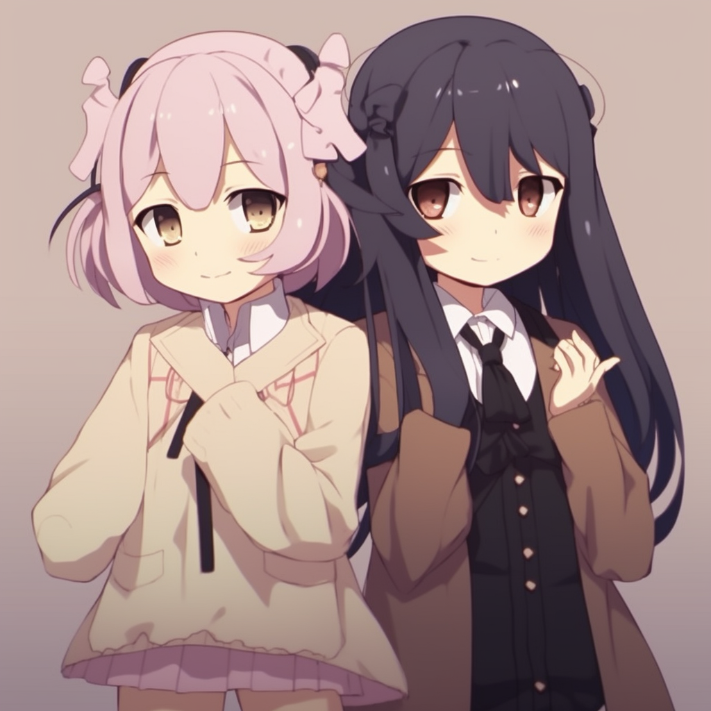 Madoka and Homura from the Madoka Magica series, sharing a tender moment, soft colors and light shading. ideal matching anime pfp for best friends - female