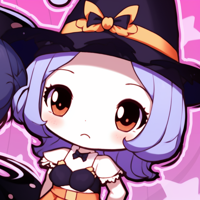 Melody and Kuromi appearing as cheerful witches, bold lines and high contrast colors. halloween themed melody and kuromi matching pfps pfp for discord.