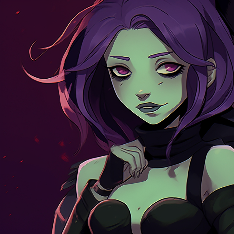 Beastboy and Raven in Halloween costumes, dynamic poses with magic elements, vibrant green and dark indigo palette. icons of beastboy and raven in halloween costume pfp for discord.