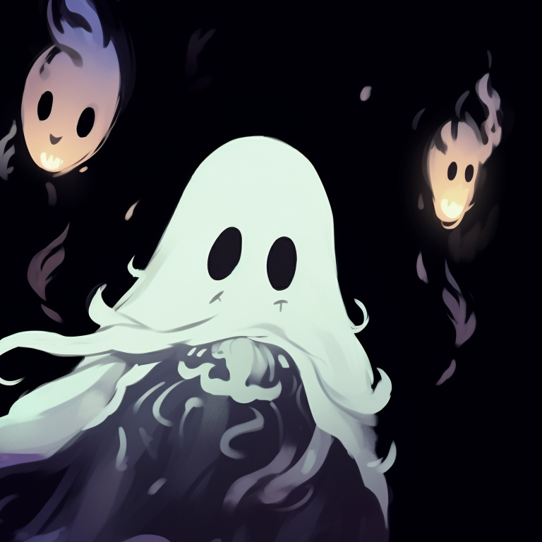 Two ghost figures, grayscale with touches of orange, sharing a mysterious secret. matching ghost pfp halloween theme designs pfp for discord.