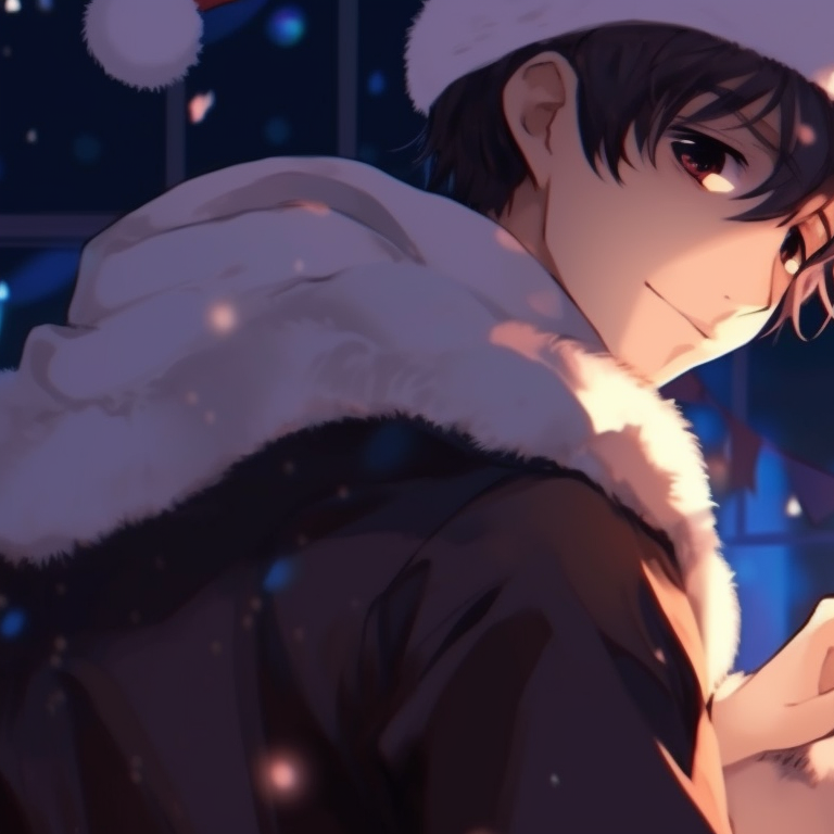 Two characters close together, under a mistletoe, romantic blush and warm tones. unique matching christmas pfp background designs pfp for discord.