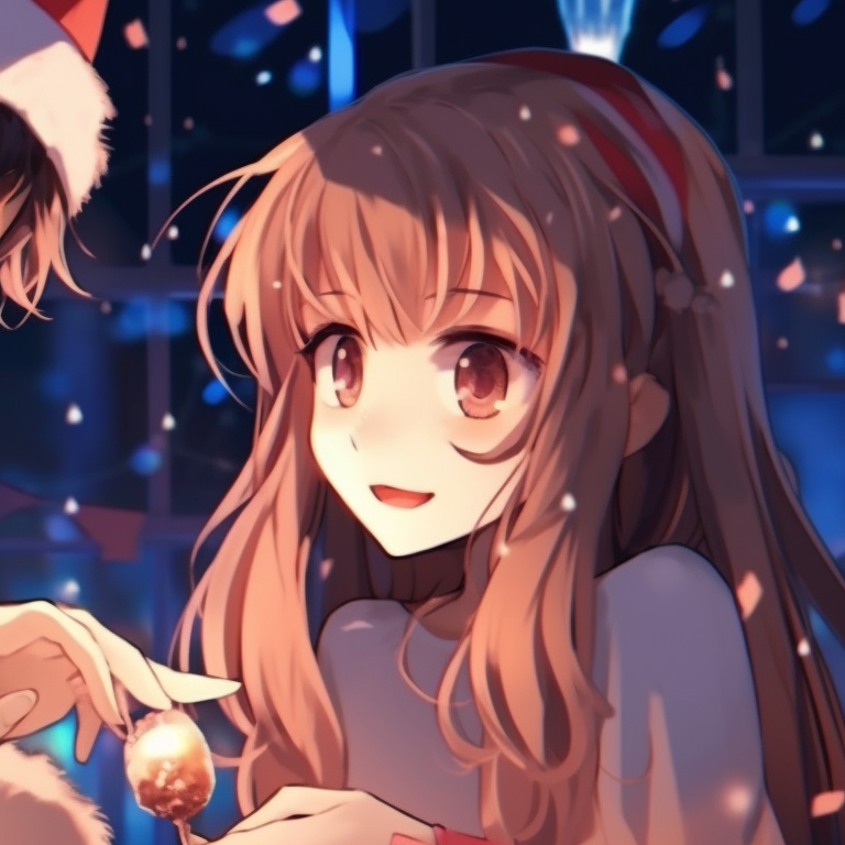 Two characters close together, under a mistletoe, romantic blush and warm tones. unique matching christmas pfp background designs pfp for discord.