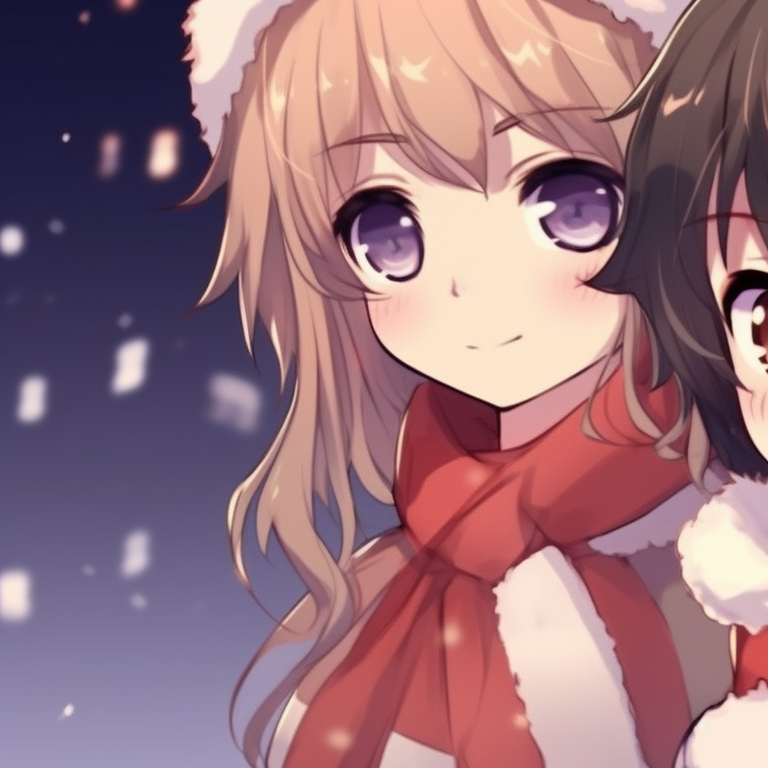 Two characters in matching elf outfits, a cheerful Christmas setting, detailed expressions. adorable matching christmas discord pfp pfp for discord.